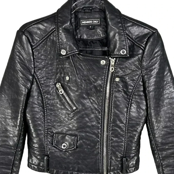 Members Only Womens S Black ASYM Zip Cropped Faux Leather Bomber Moto Jacket Y2K - Picture 5 of 16